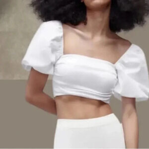 Zara white puffed sleeve crop top Cotton Ribbed bodice Women’s size S NWT